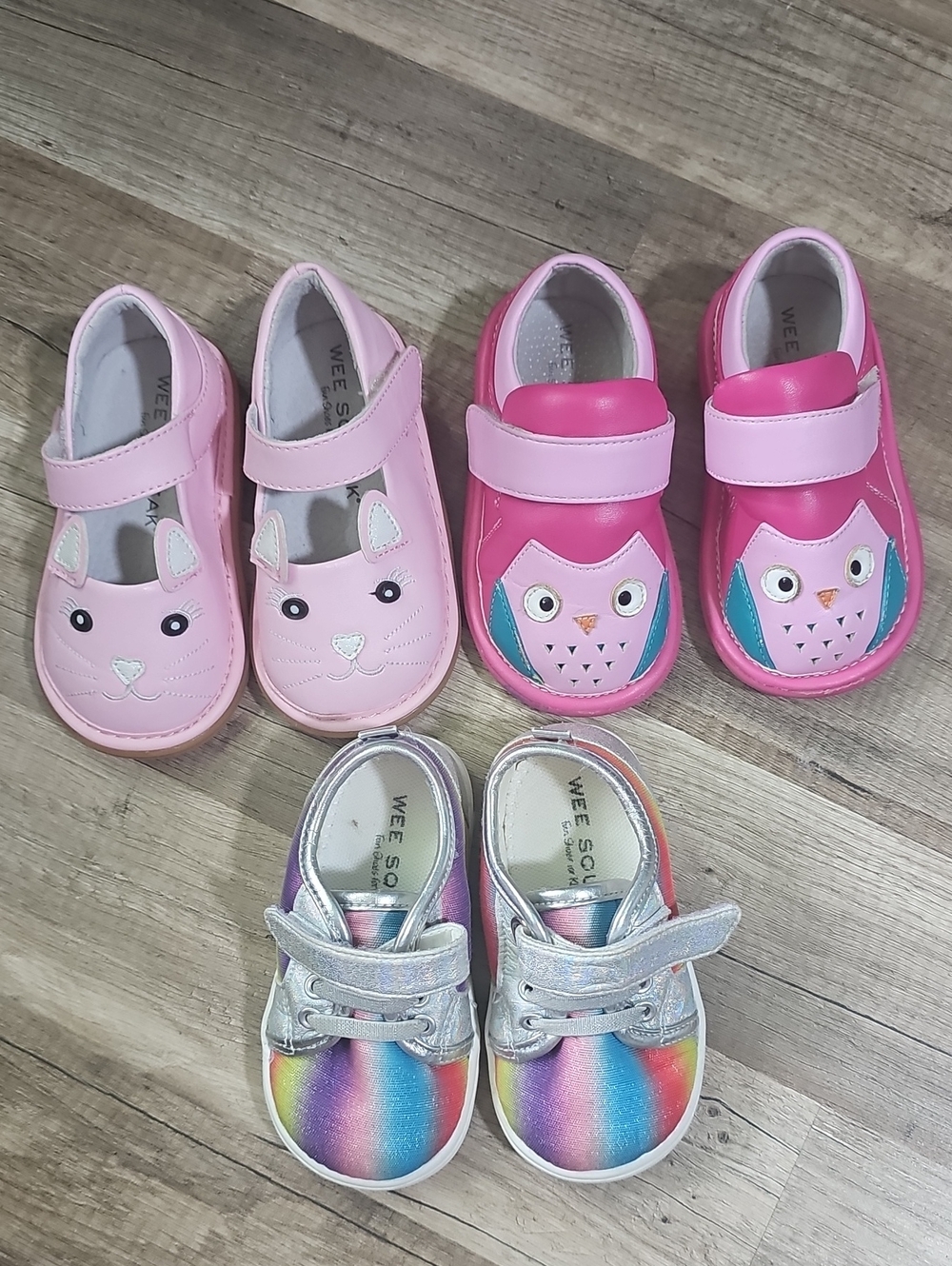 Wee Squeak LOT 3 Toddler Shoes Size 7 Owl, Kitty And Rainbow Stripe Easy on